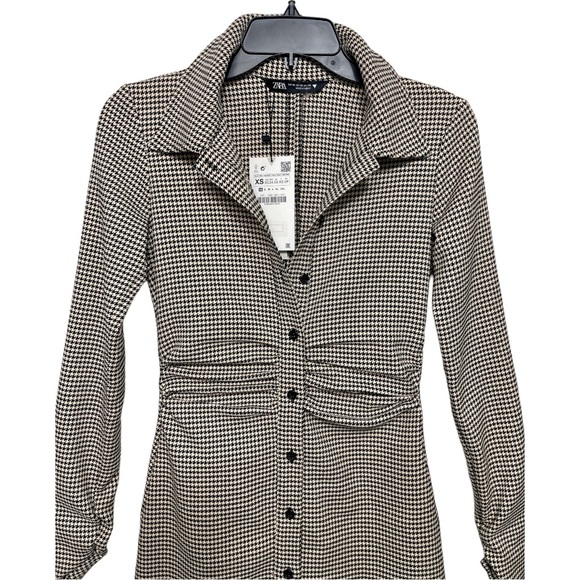 ZARA Ruched Houndstooth Button Front Mini Dress XS - Picture 4 of 9